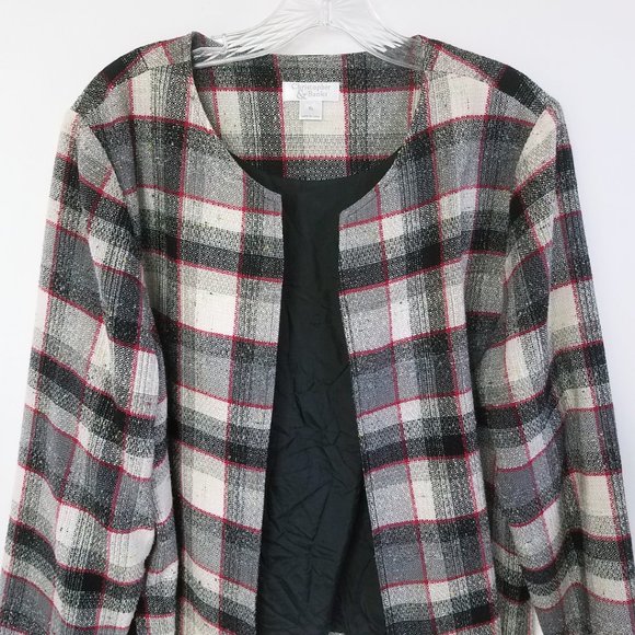 Christopher & Banks Women's Lined Plaid Open Front Cotton Blend Coat Jacket - Picture 2 of 11